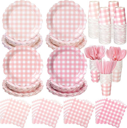 Yaomiao 168 Pcs Pink Gingham Plates and Napkins Pink Princess Party Decor by Yaomiao