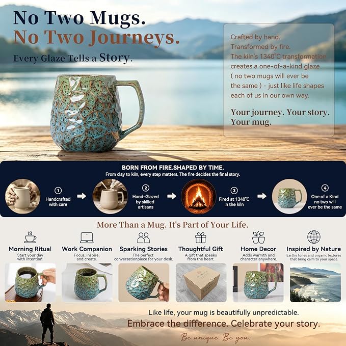 18oz Unique Kiln-Change Ceramic Coffee Mug, Handcrafted Hammered Texture - Image 4