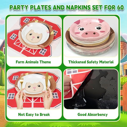 180Pcs Farm Animals Party Supplies Paper Plates and Napkins Serve 60 | - Image 3