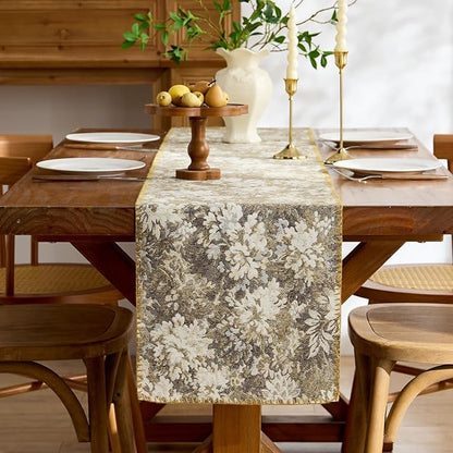 ORTIGIA Vintage Floral Table Runner, Boho Chenille Beige Farmhouse Rustic Runner by ORTIGIA
