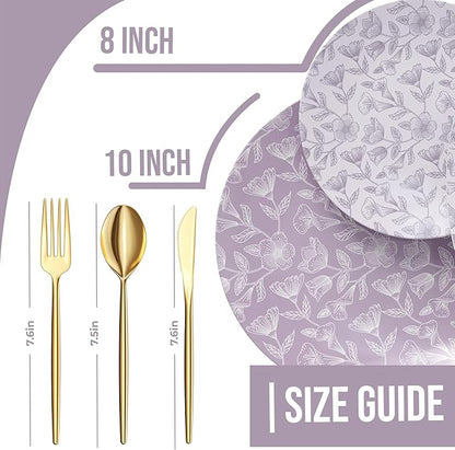 Trendables Fancy Plastic Dinnerware Sets 200 Pc 40 Guests Gold Silverware Disposable 40 X 10 Inch Charger Plates 40 X 8 Inch Dessert Plates 40 x Gold Plastic Forks and Spoons Knives In Blossom Circle