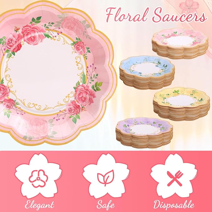 Kochorie 120 Pcs Floral Paper Tea Cups and Saucers 9 Oz Disposable Teacups Bulk - Image 5