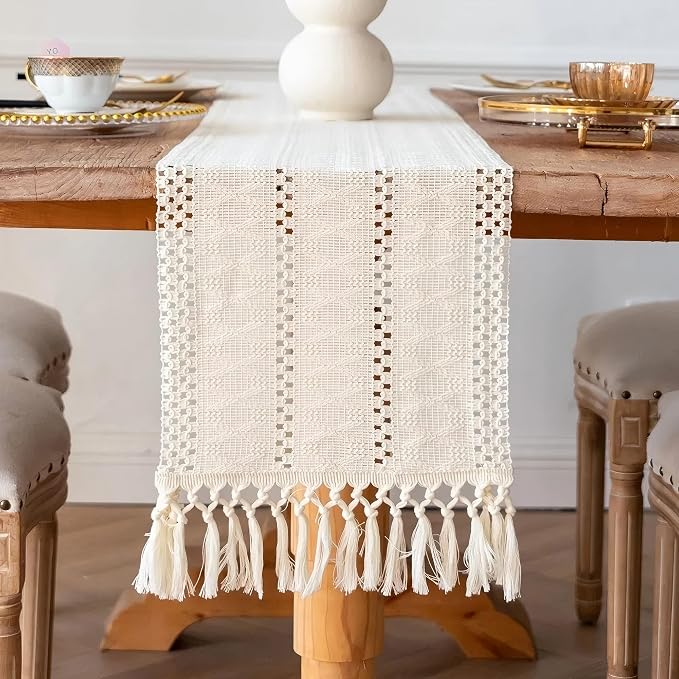 Macrame Table Runner Cream Beige Boho Table Runners - Image 2