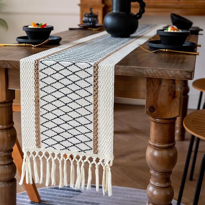 EMMTEEY Macrame Table Runner Boho Style 72 Inches Long, Hexagonal Black | by EMMTEEY
