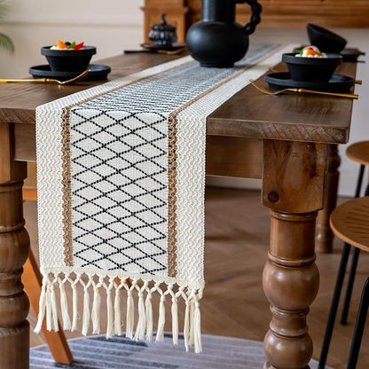 EMMTEEY Macrame Table Runner Boho Style 72 Inches Long, Hexagonal Black | by EMMTEEY