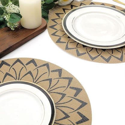 SHACOS 15 inch Round Vinly Placemats Set of 6 Boho Flower Print Place Mats Wipeable Non Slip Stain Heat Resistant Woven Table Mats Indoor Outdoor (6, Round Flower Black)