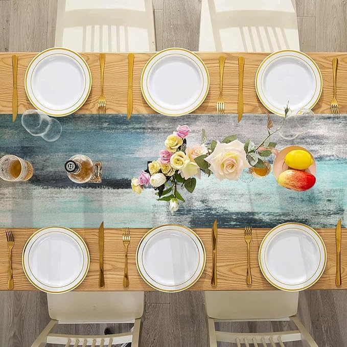 Teal and Grey Table Runner 13x72 Inch Modern Abstract Art Painting Kitchen - Image 4