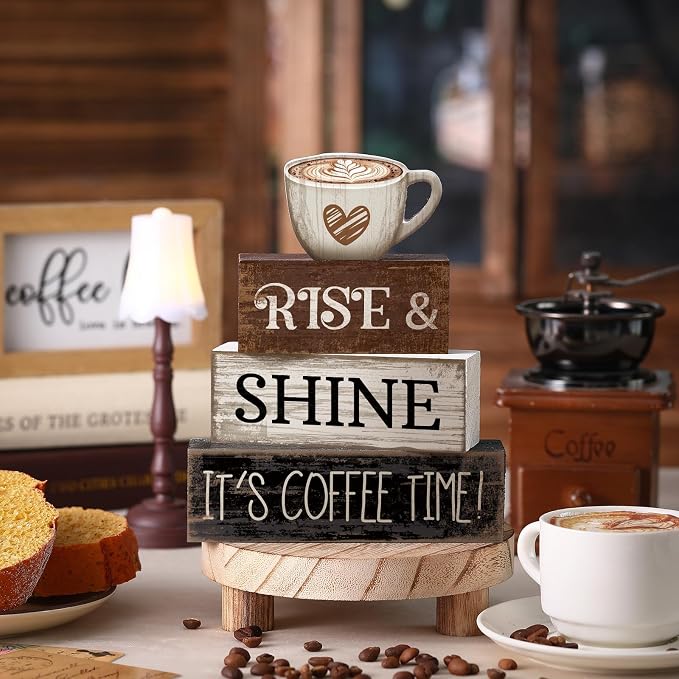 Moucuny 4 Pcs Farmhouse Coffee Bar Sign Decor Wooden Cup Rise & Shine It's - Image 2