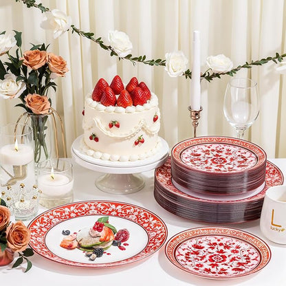 Hioasis 60pcs Red Plastic Plates Set - Floral Red & White Porcelain Design, 10.25" Dinner & 7.5" Dessert Plates Disposable for Christmas (Dishwasher Safe, Art Style)