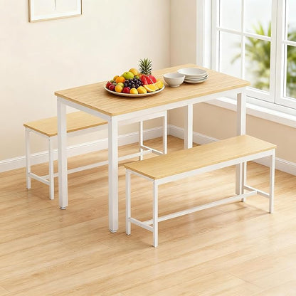 Dining Table Set for 4, Wooden Kitchen Table and 2 Benches Set with Metal Frame, Rectangular Dining Room Table Set for Small Space, Living Room, Apartment, Breakfast Nook, 43.3" L x 23.6" W x 29.9" H