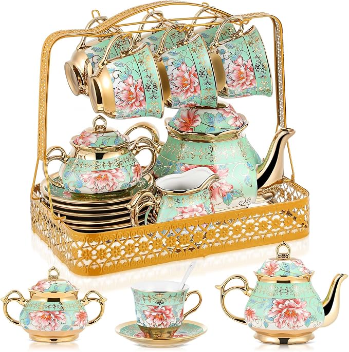 22 Pcs Porcelain Tea Set with Metal Holder, Vintage European Floral Tea Set by Suttmin