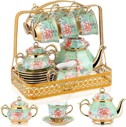 22 Pcs Porcelain Tea Set with Metal Holder, Vintage European Floral Tea Set by Suttmin