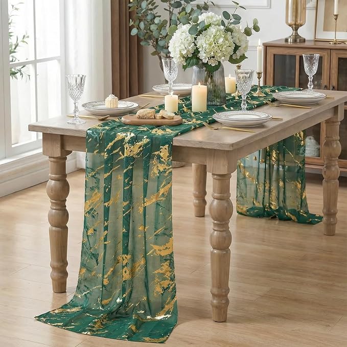 Artoid Mode Marble Pattern Green Gauze Table Runner 10FT, Glitter Metallic Foil - Image 3