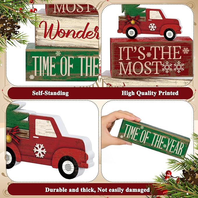 Moucuny 4 Pcs Christmas Decor Wooden Red Truck Winter Tiered Tray Decor Rustic - Image 5