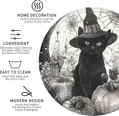 Halloween Cat Coasters Leather Round Drink Coasters 6 Pcs Set with Holderor for Cup Drink Coffee Table Bar Home Decor