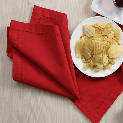 Lightnpro Christmas Red Cotton Napkins Set of 12, Beautiful Handmade Hemstitched Dinner Cloth Napkins, Washable and Reusable for Dining, Parties, Weddings, Holiday & Everyday Use - 18x18 Inch Red