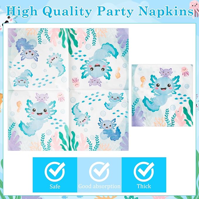 96Pcs Blue Axolotl Cute Cartoon Animals Party Plates Supplies Tableware - Image 4