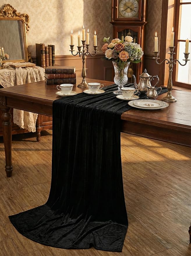 Black Velvet Table Runner 29x120 Inch Luxury Retro Halloween Runners | 3 Pieces - Image 2