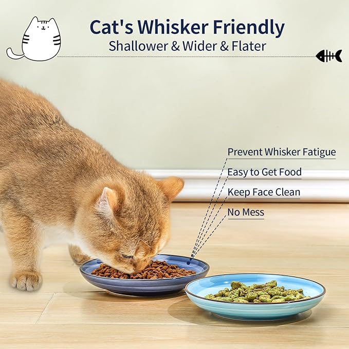 Selamica Ceramic Cat Food Bowl, 6 Inch Cat Bowls Whisker Friendly, Shallow Wide Kitten Plates for Food and Water, Set of 6, Gradient Blue