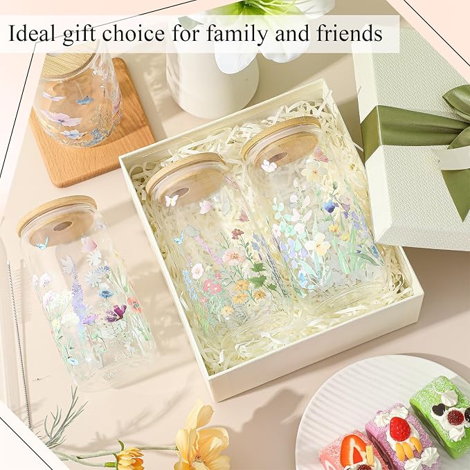 Mumufy 8 Pack Wildflower Glass Cups Gift Aesthetic Cute Glass Cup Tumbler - Image 6