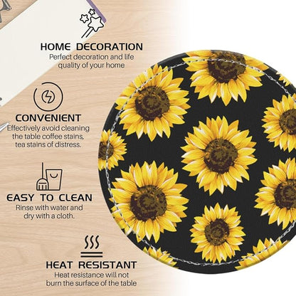 Coasters for Drinks PU Leather,Set of 6 with Holder,Round Housewarming Gift Home Decor,Sunflower On Black Background