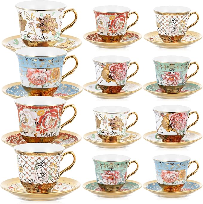 Teenyyou Set of 12 Tea Cups and Saucers Tea Party Decorations Floral Porcelain by Teenyyou