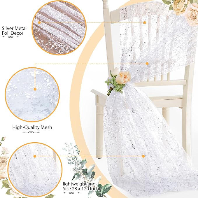 SiinvdaBZX 4 Pcs White Silver Sheer Tulle Table Runner 120 Inch/10 Ft Long | - Image 4