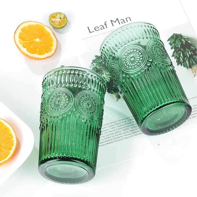 Joeyan Green Vintage Drinking Glasses, Embossed Ribbed Water Glass Cups - Image 6