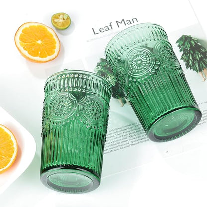 Joeyan Green Vintage Drinking Glasses, Embossed Ribbed Water Glass Cups - Image 6