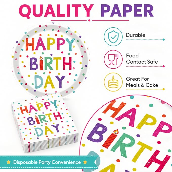 40 Pcs Happy Birthday Plates And Napkins, Party Supplies, Serves 20 | - Image 3