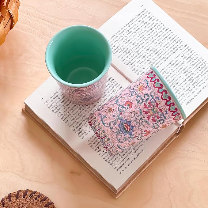 Pink Floral Ceramic Mugs, 12oz Flower Coffee Mug Set of 2, Rose Porcelain Cups - Image 4