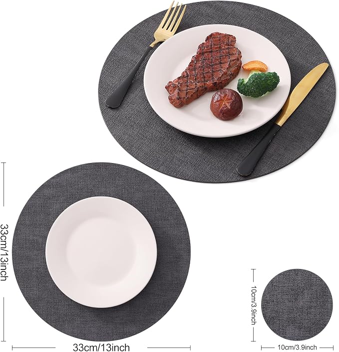 Homaxy Round Faux Leather Placemats and Coasters, Dark Grey | Washable - Image 6