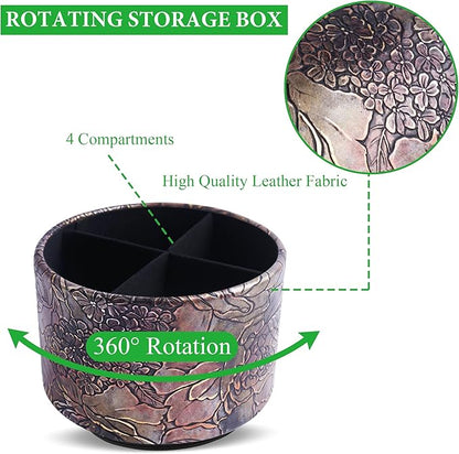 Round Leather Art Supply Organizer,Remote Control Holder,360 Degree Spinning,Multi-Functional Pencil Holder,4 Compartments Desktop Stationary Organizer(1-Rich Flower Gold)