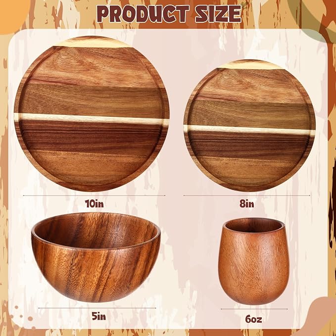 24 Pcs Acacia Wood Dinnerware Set, Round Wooden Plates, Solid Wooden Bowls and - Image 3
