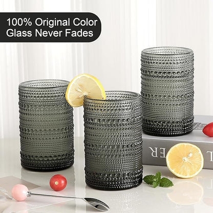 Vintage Glassware Drinking Glasses Set of 6,15 oz Hobnail Glass Cups,Embossed Grey Water Tumbler,for Beer,Cocktail,Whiskey,Juice and Various Mixed Drinks- 1 Cleaning Brush