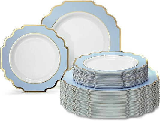 " OCCASIONS " 120 Plates Pack,(60 Guests) Heavyweight Wedding Party Disposable Plastic Plates Set -60 x 10.5'' Dinner + 60 x 8'' Salad/Dessert Plate (Imperial in White/Blue & Gold)