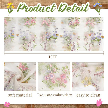 Ivory White Floral Table Runner 10ft Embroidery Tulle Spring Wildflower Table - Image 2