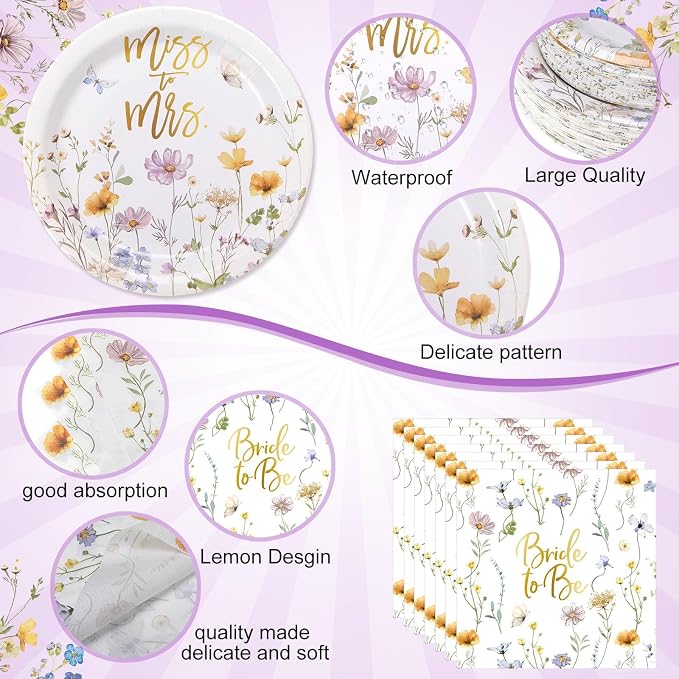 Pickmesh 250 Pcs Wildflower Bridal Shower Decorations Floral Miss to Mrs Plates - Image 3