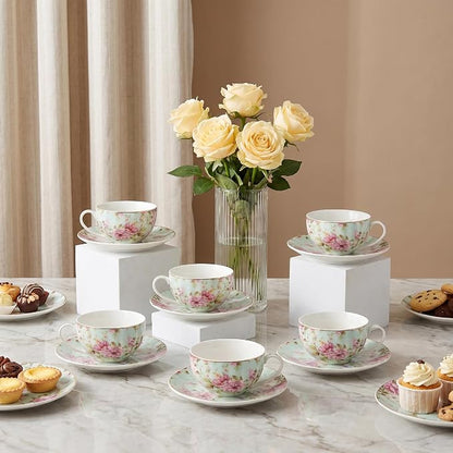 BTaT- Floral Tea Cups and Saucers, 7 oz, Fine Porcelain Teacup Set - Image 5