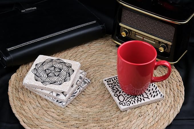Black and White Modern Coaster Set of 4, Absorbent Square Coasters - Image 4