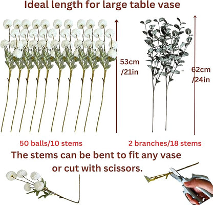 RyddeligHome White Faux Kiku Flowers for Vase - 10 Long Stem Artificial Flowers with Eucalyptus, Realistic Winter Floral Stems for Tall Vases, Farmhouse Home Decor (Premium Quality)