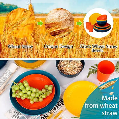 Supernal 32pcs Wheat Straw Dinnerware Sets,Plastic Plates and Bowls Sets for 8 Unbreakable Plates and Bowls Sets Dishwasher Safe Microwave Safe Fun Colors Perfect for Cooking Family Camping Picnics