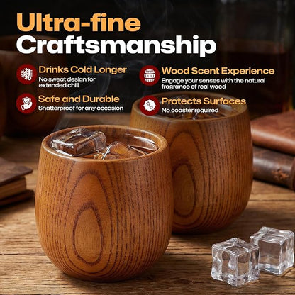 AIUHI Wooden Whiskey Glasses, Old Fashioned Bourbon Cups, Handcrafted Wooden Bourbon Drinking Glass for Ideal Gift for Whiskey Lovers, Perfect for Home Bar, Whiskey Tasting & Outdoor Gatherings(4Pack)