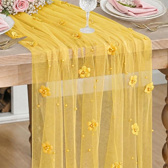 Artoid Mode Yellow Flower Pearl Yellow Gauze Table Runner 10FT, Seasonal Sheer by ArtoidMode