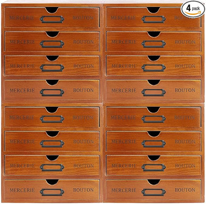 4PCS Stackable Wooden Desk Organizer with Total 16 Drawers, Apothecary Cabinet Library Card Catalog Cabinet Tabletop Vintage Apothecary Chests Cabinets Herb Storage Box with Drawers