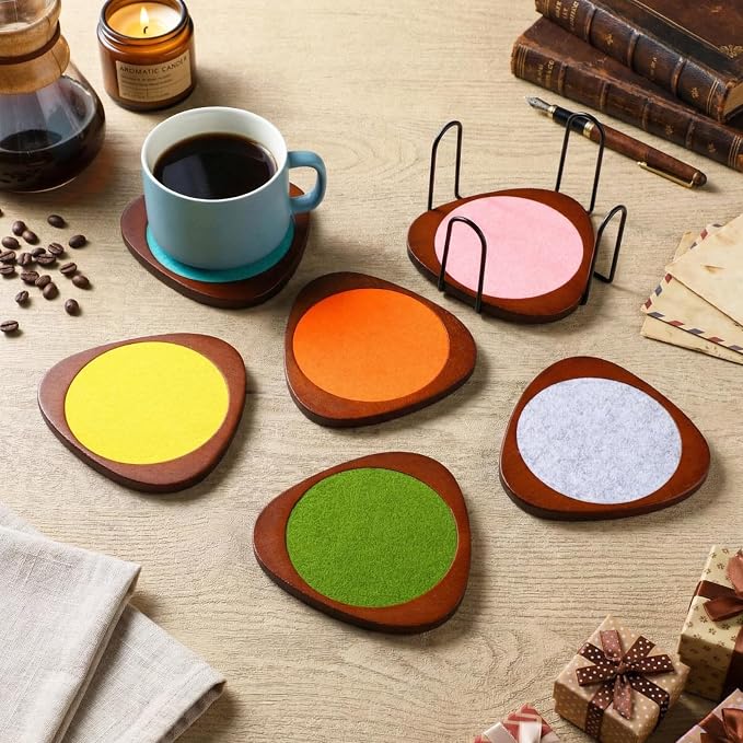 6 Pcs Mid Century Modern Coasters Wood Absorbent Coaster - Image 5