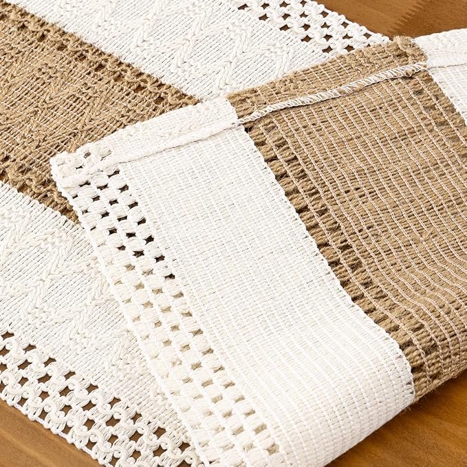 Ivory & Burlap Boho Table Runner Farmhouse Woven Table Runner 12x72 Inch | - Image 5