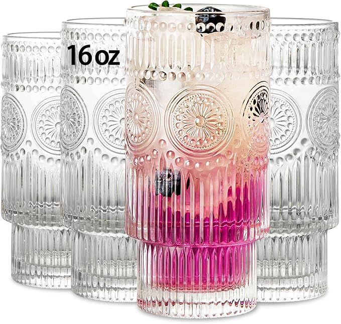 SoulTimes 4 Pack Large 16oz Ribbed Glassware Set, Flower Design Stackable Glass by SoulTimes