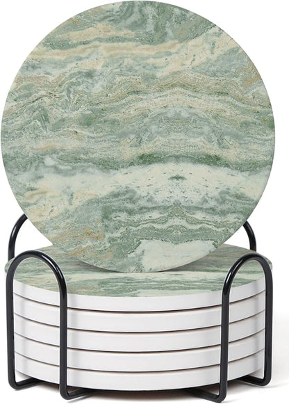 Set of 6 Sage Green Abstract Onyx Marble Coasters by Hoomey
