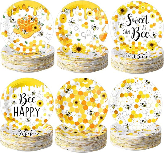60 Pcs 7 Inch Honey Bee Paper Plates Bee Happy Shower Tableware Gender Reveal Party Dinnerware Honey Theme Day Birthday Party Tableware Decorations Favors